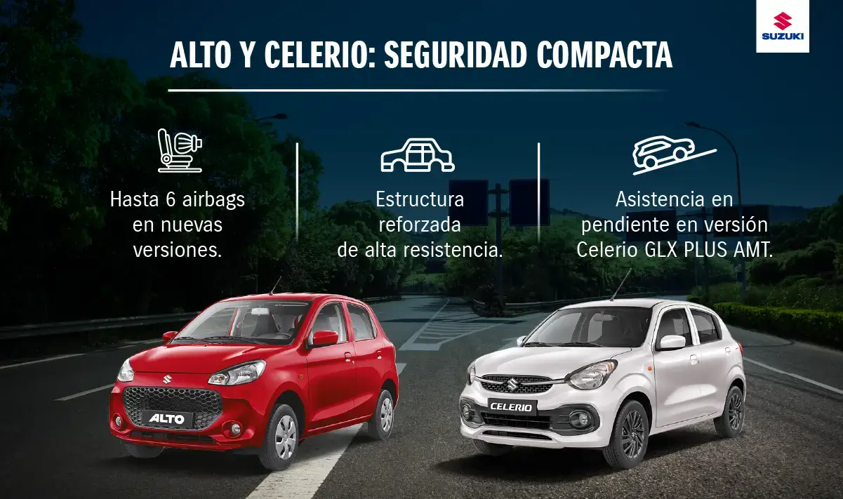 Suzuki Alto y Celerio: airbags laterales, delanteros y de cortina.